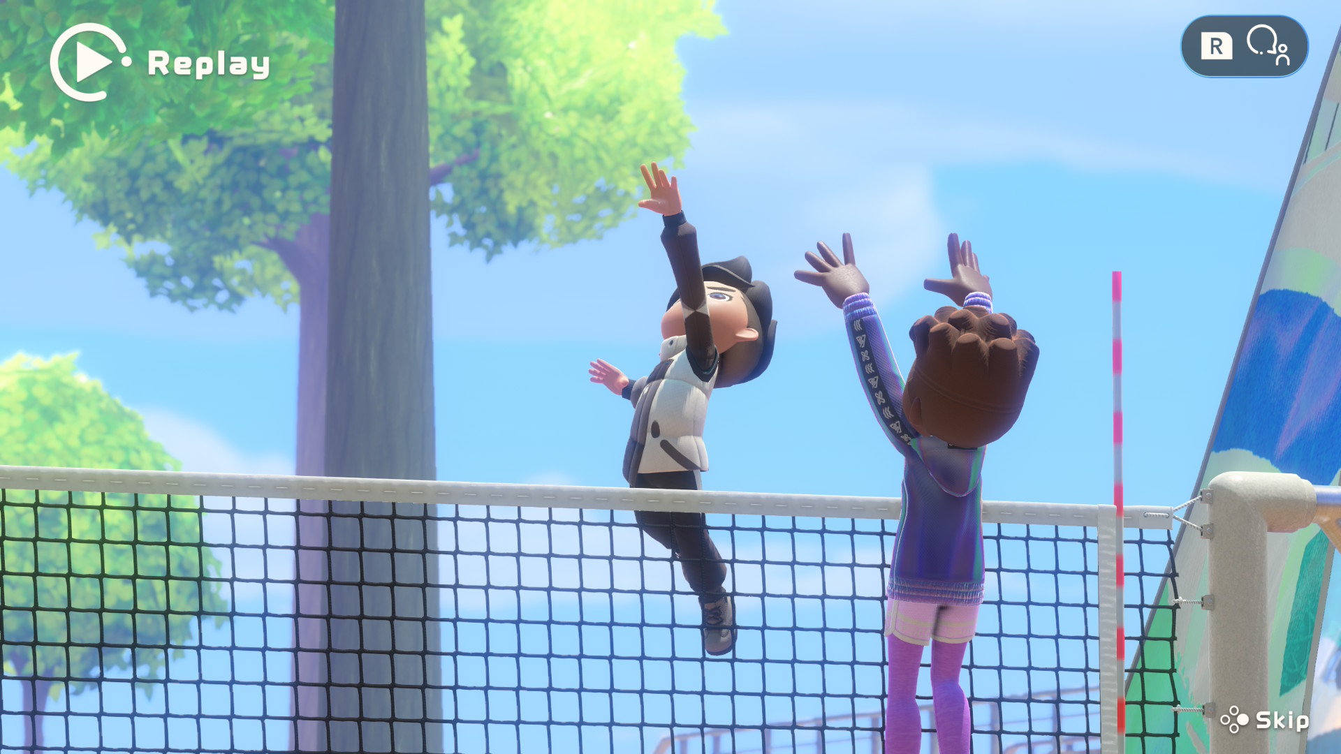 A screenshot showing a replay of a volleyball game in Nintendo Switch Sports Resort