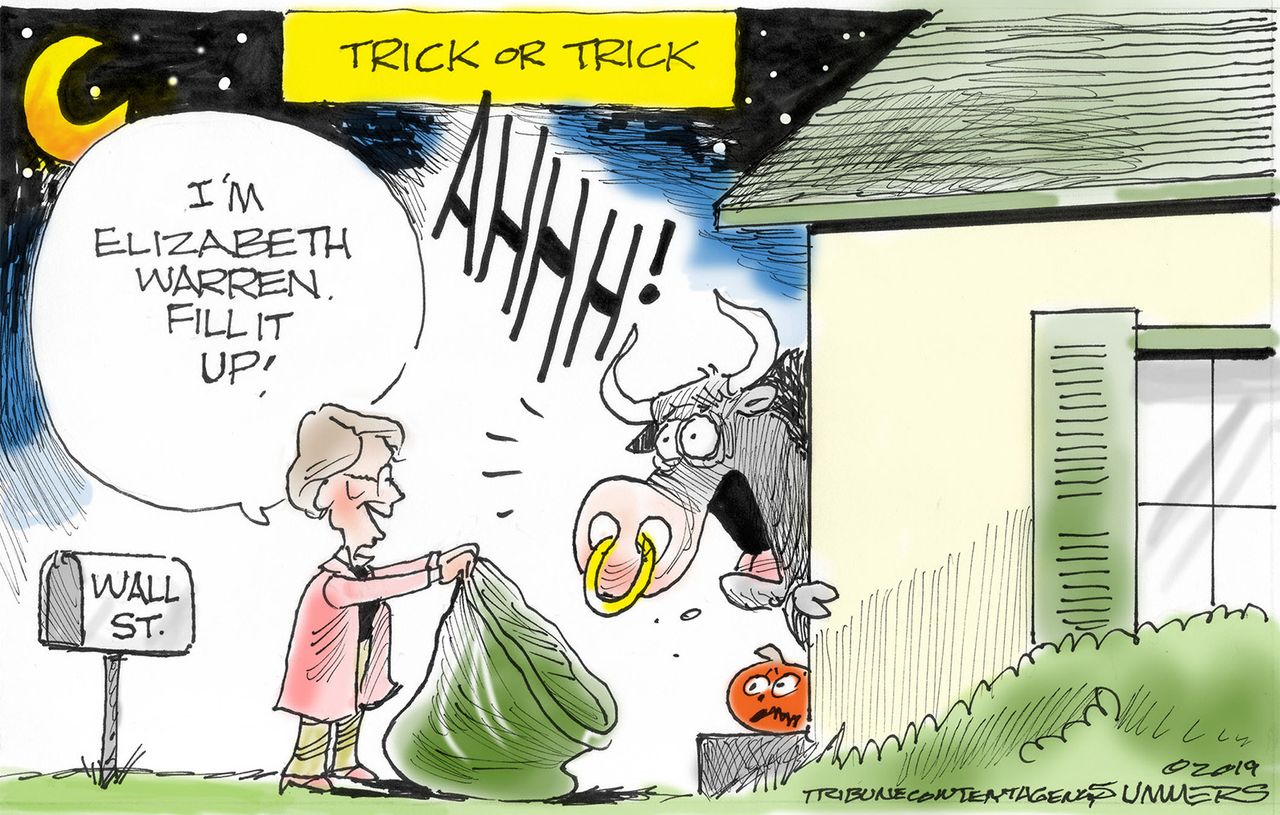 Political Cartoon U.S. Elizabeth Warren Trick or Treat Wall Street