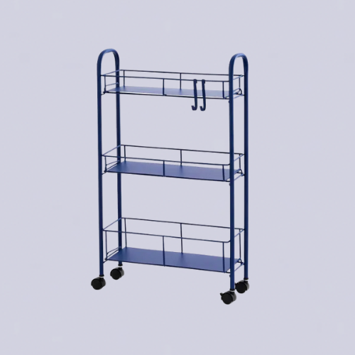Blue rolling cart with three shelves