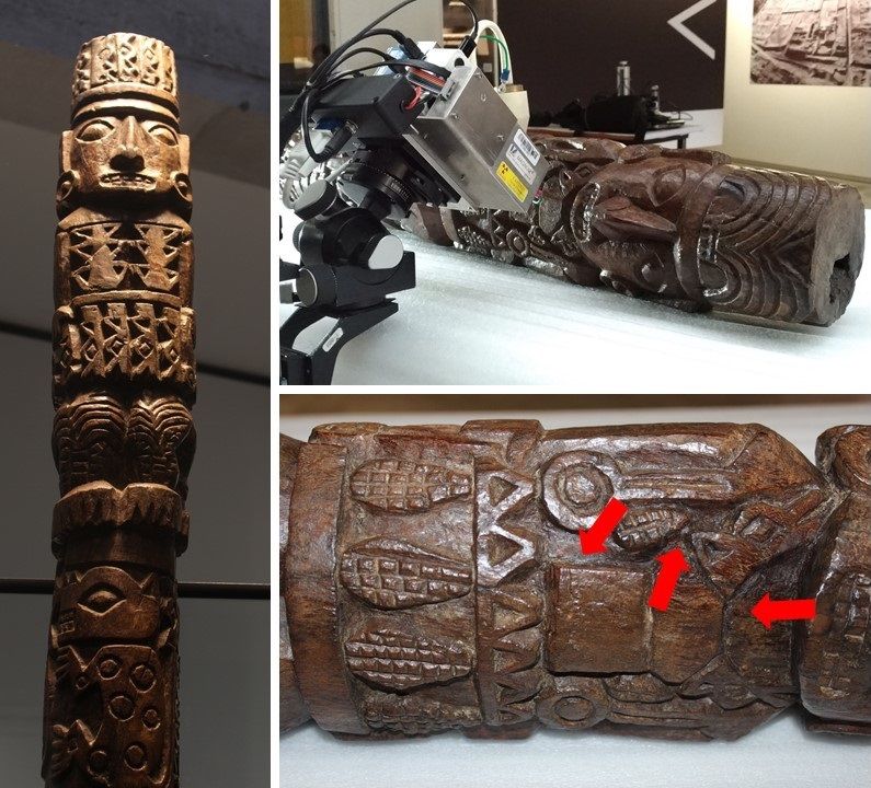 An X-ray fluorescence analysis revealed what colors were originally painted on the idol. The red arrows indicate where red pigments containing mercury were found.