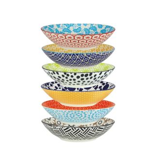 A stack of six colorful plate bowls
