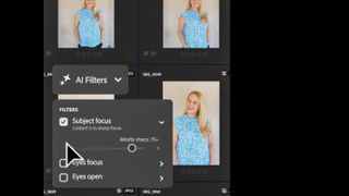 An AI filters pop-up with a slider eliminates photos that are not in focus