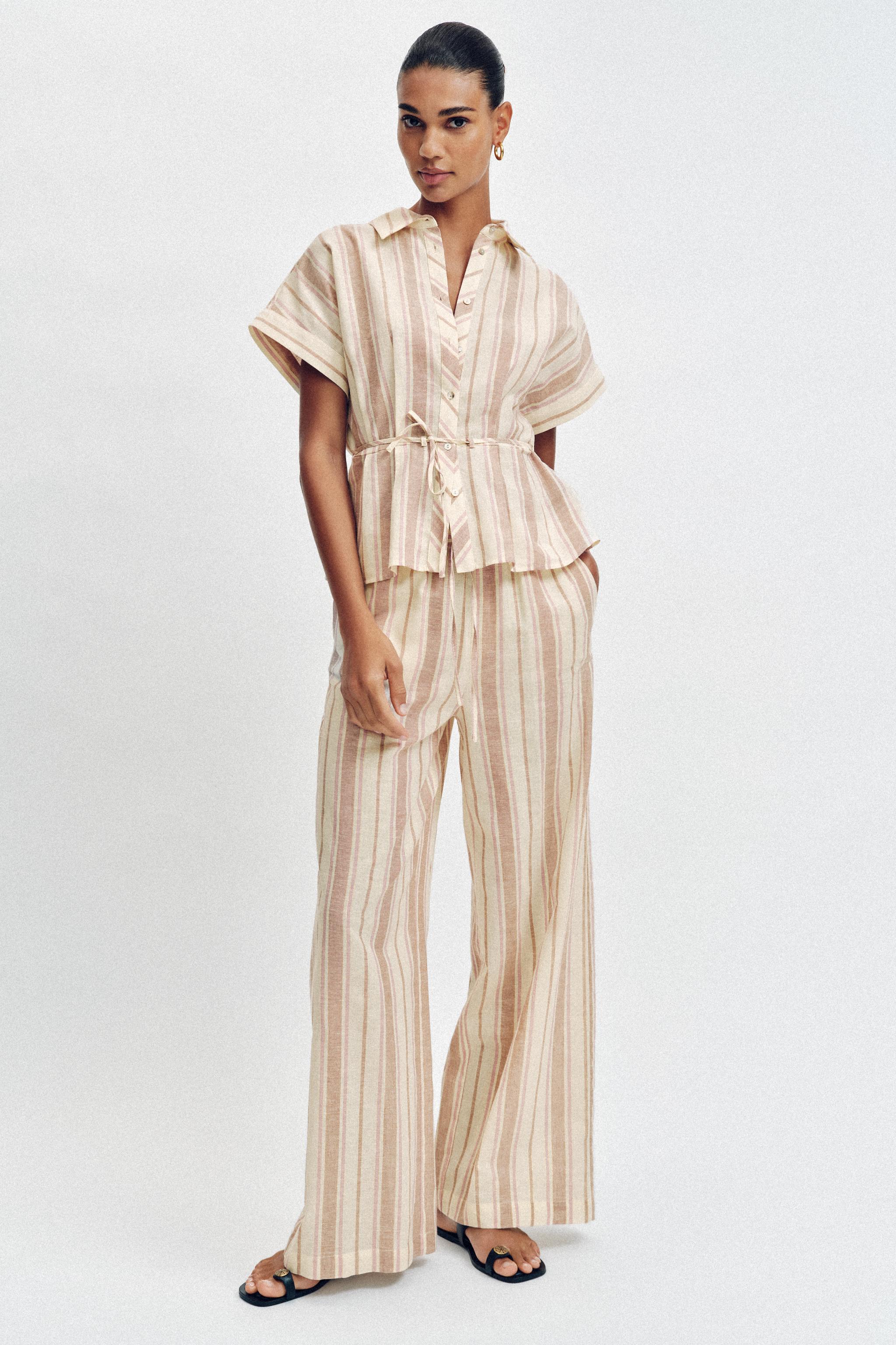 Metallic Thread Striped Wide-Leg Trousers
