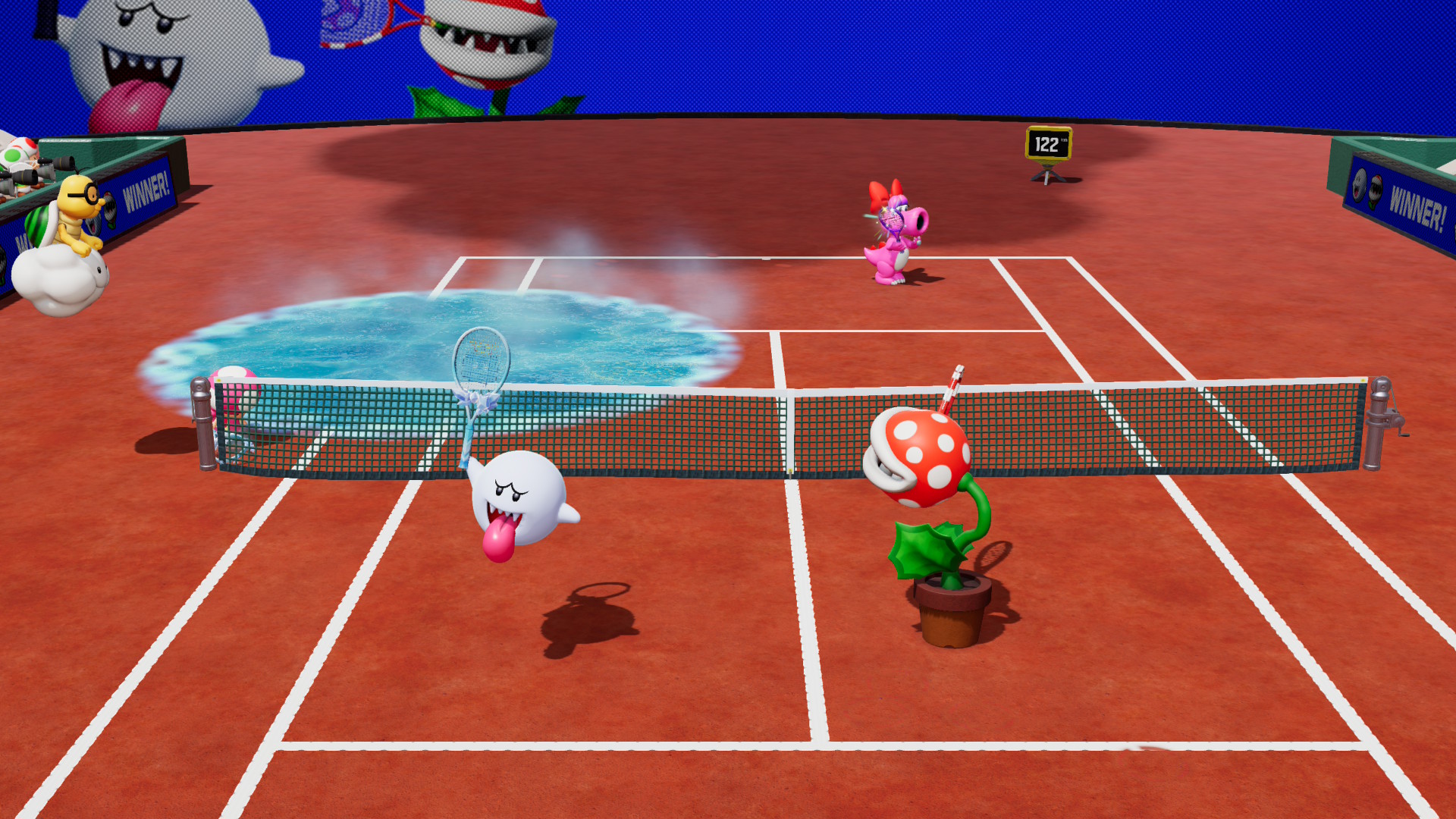 King Boo celebrates a win in Mario Tennis Fever as the rival court is covered in ice