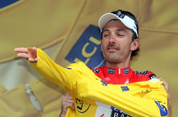 Fabian Cancellara (Saxo Bank) dons yet another yellow jersey.