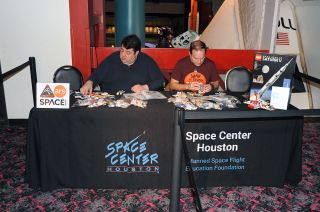 collectSPACE’s Robert Pearlman (left) and Ars Technica's Eric Berger build Lego's new NASA Apollo Saturn V at Space Center Houston, the visitor center for NASA's Johnson Space Center in Texas. The total build took four hours and eight minutes.
