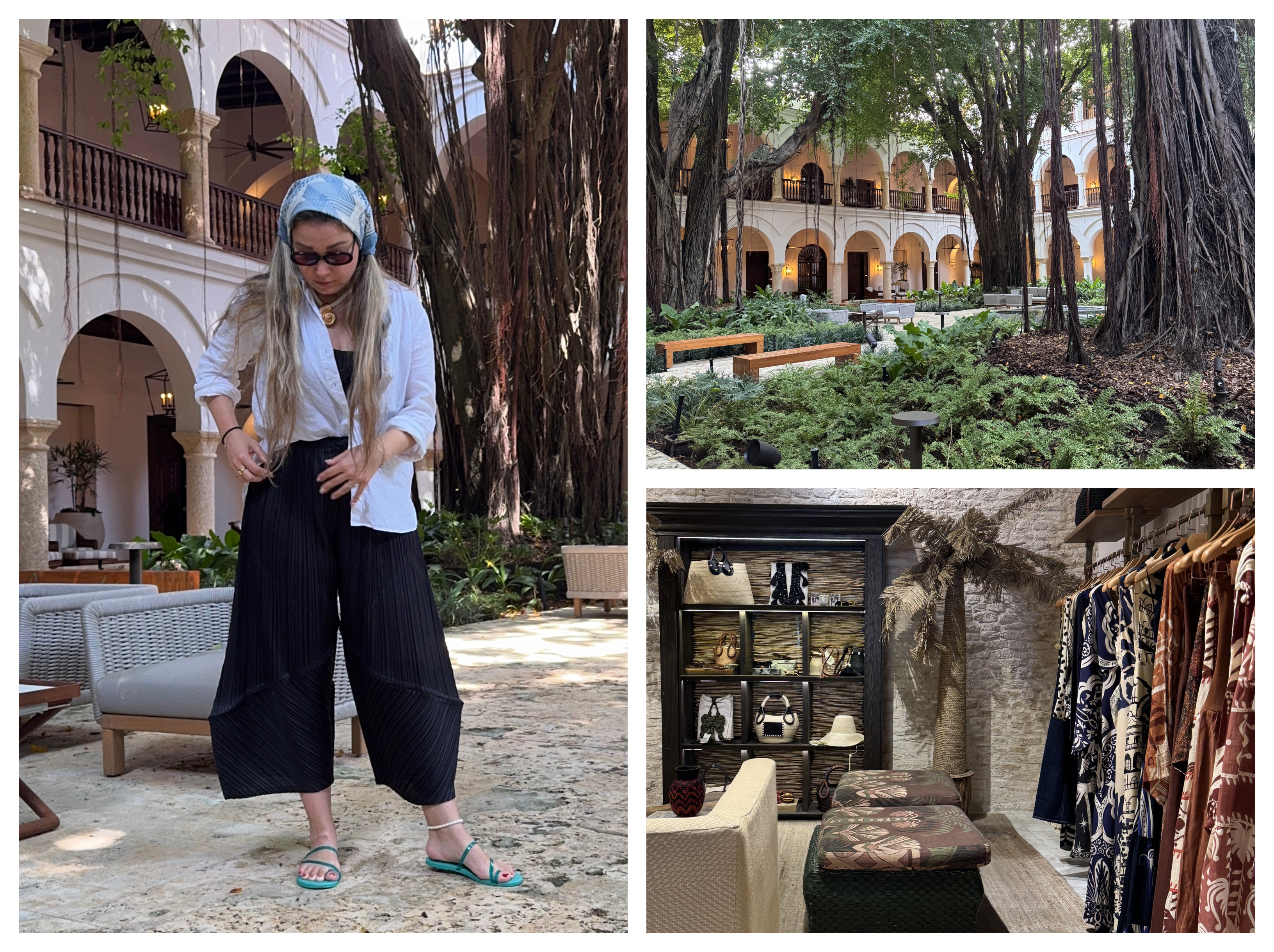 Writer Irina Grechko in Cartagena, Colombia, wearing black pleated, cropped pants with a white shirt, printed headscarf, and jelly sandals.