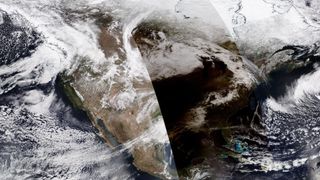 The NOAA-20 weather satellite captured this before and after view of the moon's shadow on North America during the April 8, 2024 solar eclipse. The shadow can be seen as a black strip overlaid on a non-eclipsed view of the continent.