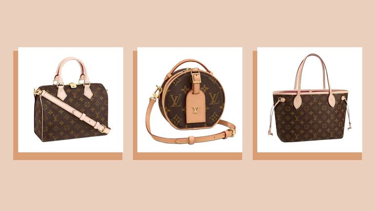 three of w&h's best Louis Vuitton bags picks on a light pink background with light tan brown shadows around each product image