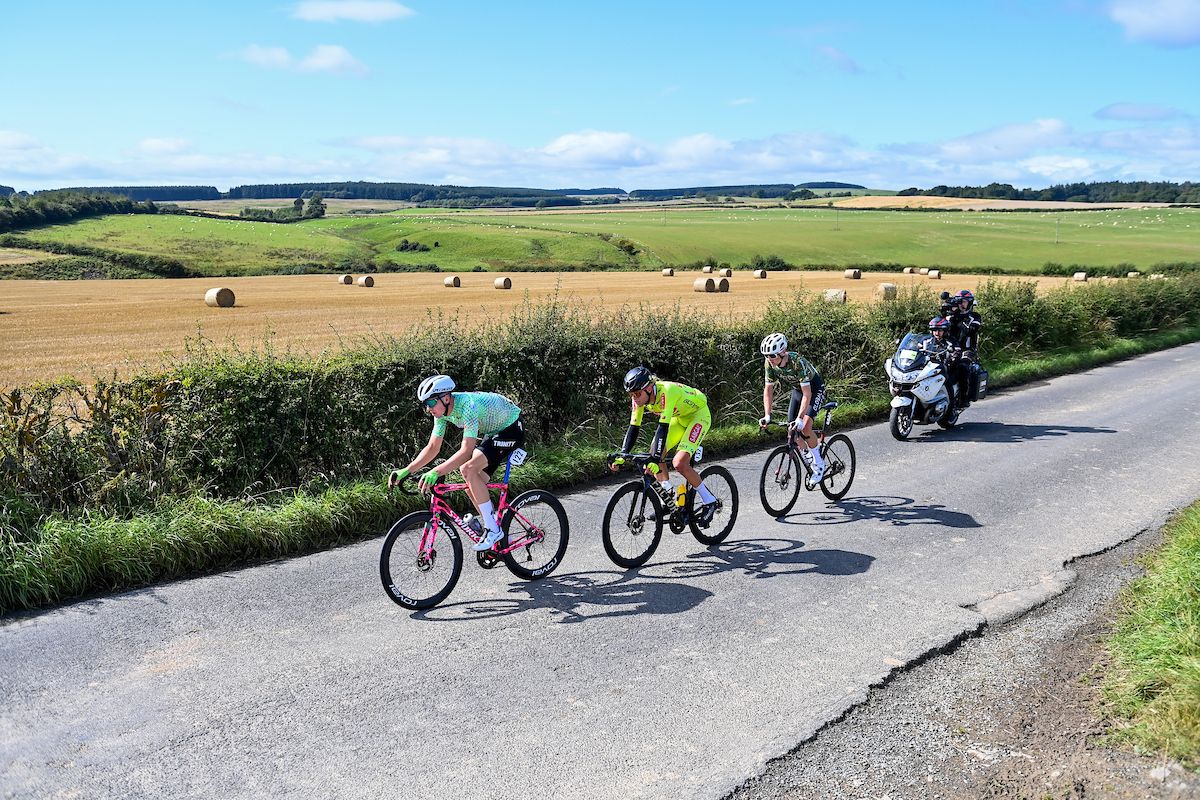 Picture by Will Palmer/SWpix.com - 03/09/2024 - Lloyds Bank Tour of Britain 2024 - Stage 1: The Scottish Borders Stage, Kelso to Kelso, Scotland - Callum Thornley (TRINITY Racing), Julius Johansen (Sabgal / Anicolor), Callum Ormiston (Global 6 United)