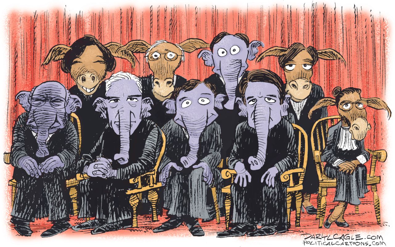 Political cartoon U.S. Supreme Court partisan portrait Republican Democrat