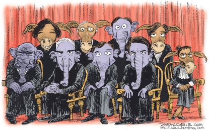 Political cartoon U.S. Supreme Court partisan portrait Republican Democrat