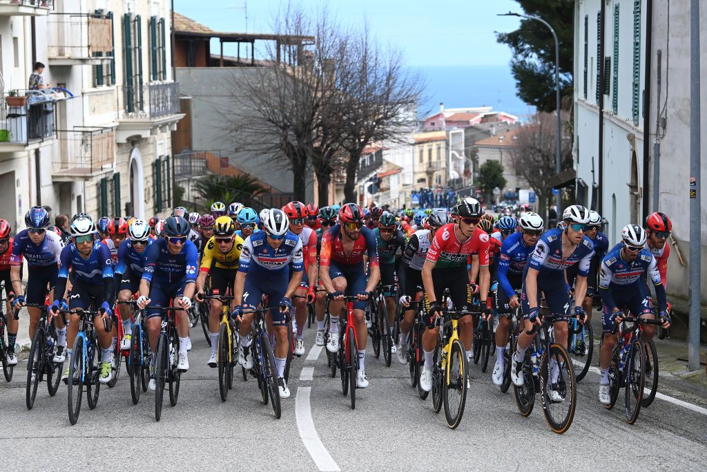 SAN BENEDETTO DEL TRONTO ITALY MARCH 12 LR Nelson Oliveira of Portugal and Movistar Team Quentin Pacher of France and Team Groupama FDJ Davide Ballerini of Italy and Team Soudal QuickStep Filippo Ganna of Italy and Team INEOS Grenadiers Attila Valter of Hungary and Team Jumbo Visma Phillip Casper Pedersen of Denmark and Julian Alaphilippe of France and Team Soudal QuickStep compete during the 58th TirrenoAdriatico 2023 Stage 7 a 154km stage from San Benedetto del Tronto to San Benedetto del Tronto UCIWT TirrenoAdriatico on March 12 2023 in San Benedetto del Tronto Italy Photo by Tim de WaeleGetty Images