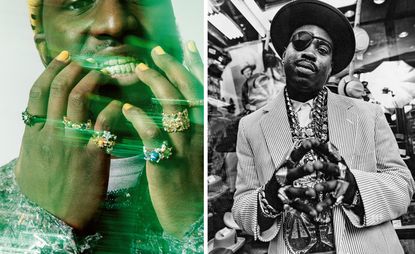 Left, Virgil Abloh. Kenneth Cappello, Chicago, 2021. Right, Slick Rick. Libra justice scale piece, diamond star and dome rings from various years purchased mostly from jewelers on Canal Street, NYC. Clay Patrick McBride, New York, 1999