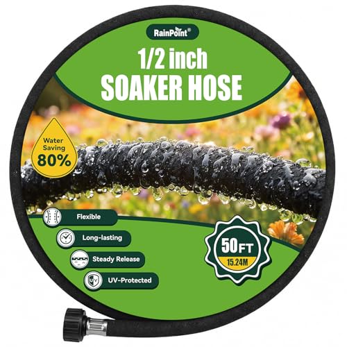 Rainpoint 1/2'' Soaker Hose 50ft for Garden, Drip Irrigation Hose, Water Seeper Soaker Hoses for Foundation Watering, Save 80% Water for Vegetable Gardens, Flower Beds, Lawns, Orchards, Green