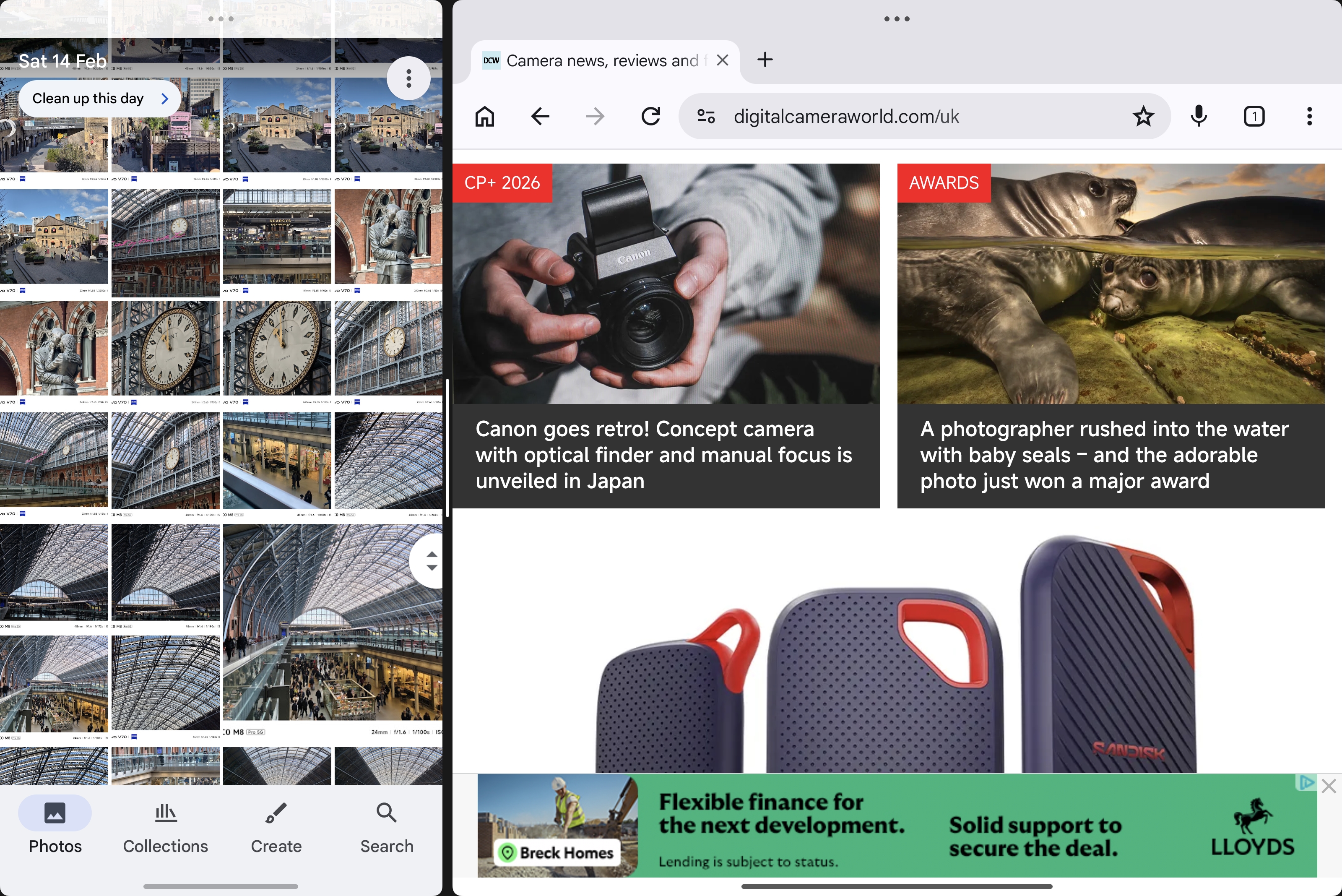 Android split-screen view showing Google Photos on the left with a grid of architectural images (train station roof, clock, brick building details) and the Digital Camera World homepage open in Chrome on the right, featuring a headline about a retro Canon concept camera and a CP+ 2026 banner.