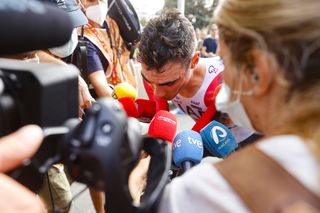 Juan Ayuso speaks to the press after stage 10 at the Vuelta a Espana