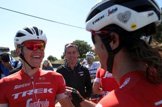 Toms Skujins is congratulated by Trek-Segafredo teammate Kiel Reignen after winning stage 3 of the 2018 Tour of California