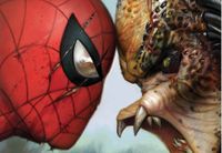 A comic book superhero with a spiderweb mask clashes with a reptilian alien