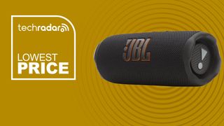The JBL Flip 7 on a yellow background with text saying Lowest price.
