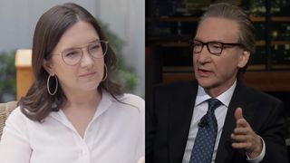 Bari Weiss speaks during an interview, while Bill Maher speaks on Real Time.