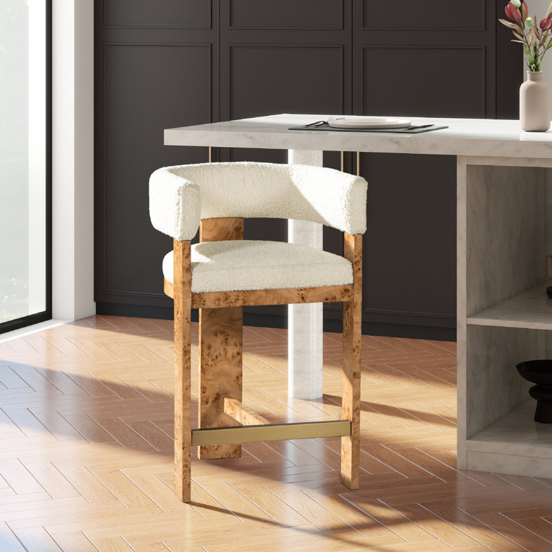 Hokku Designs Rosalva 26.5&quot; Burl Upholstered Barrel Back Counter Height Bar Stool 