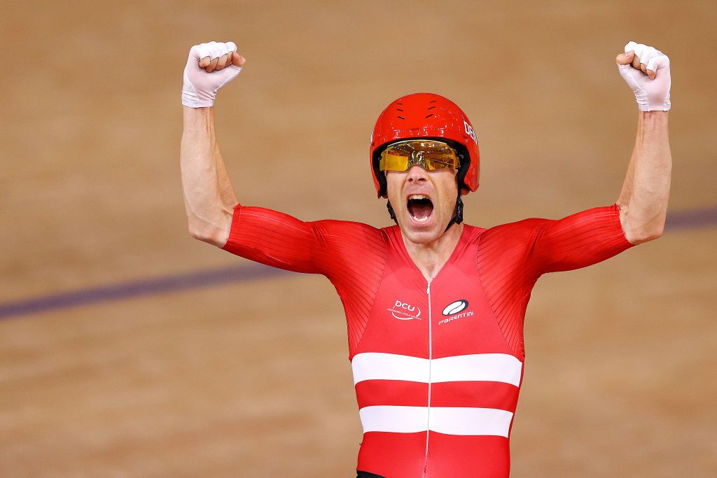 Michael Morkov celebrates winning the men&#039;s Madison