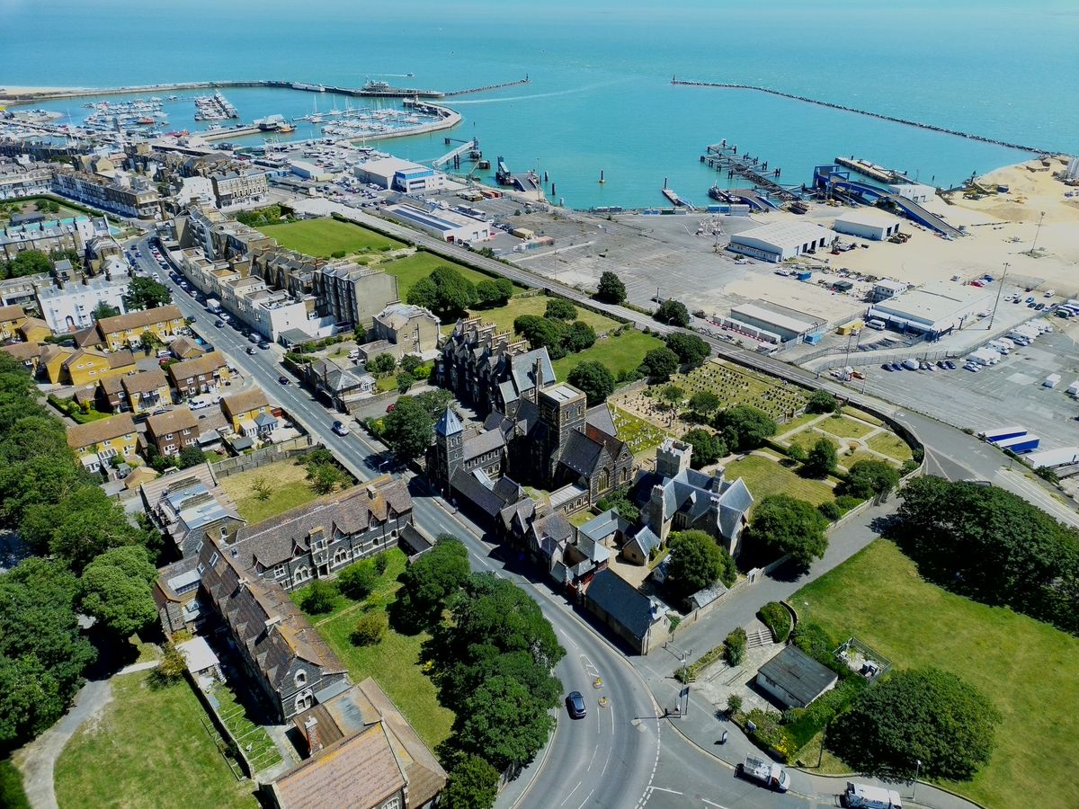Aerial photo of English coastal town