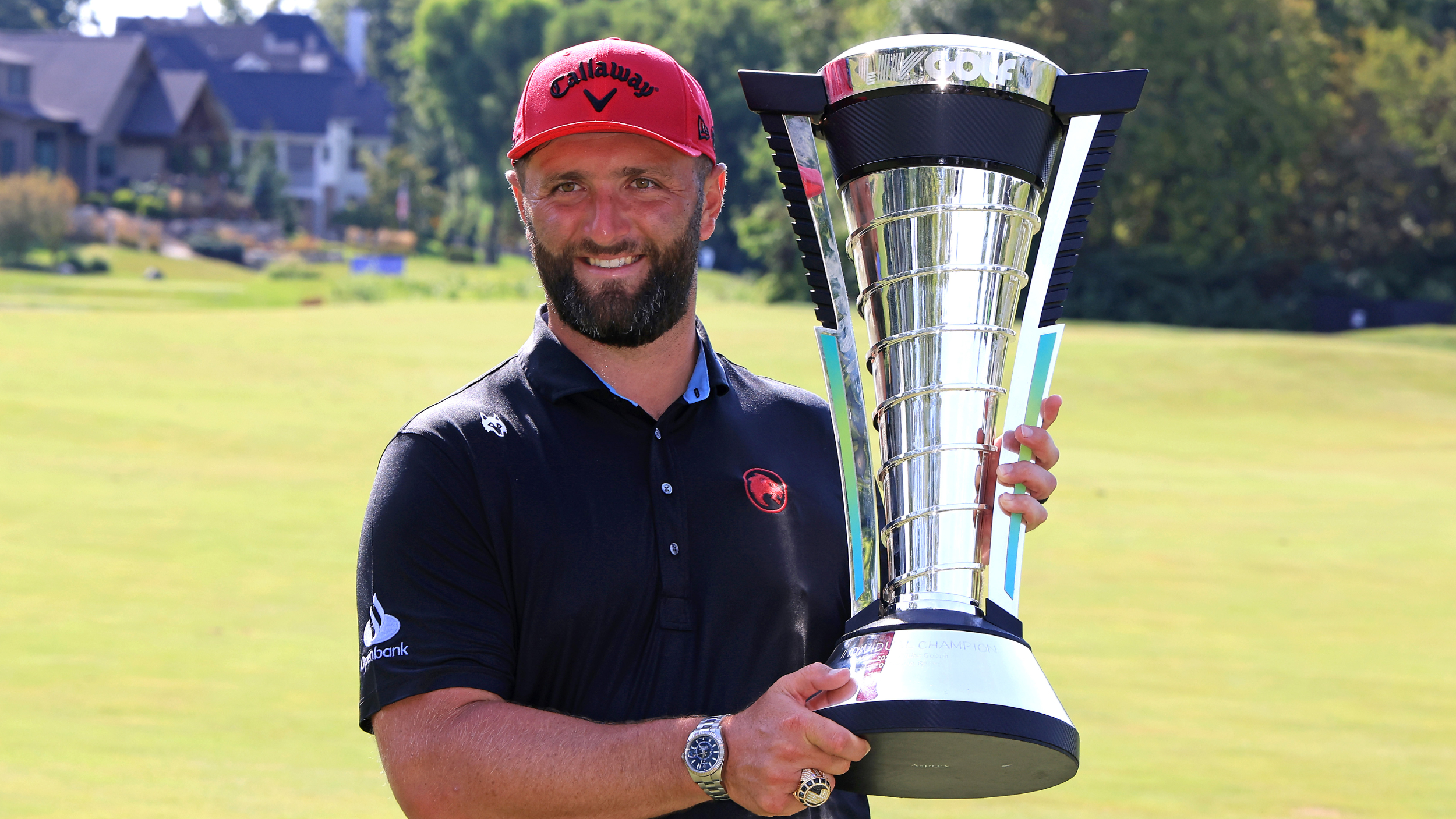 Jon Rahm with the LIV Golf Indianapolis trophy