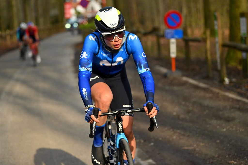 WAREGEM BELGIUM MARCH 27 Sheyla Gutierrez of Spain and Movistar Team competes during the 12nd Dwars door Vlaanderen 2024 Womens Elite a 1299km one day race from Waregem to Waregem on March 27 2024 in Waregem Belgium Photo by Luc ClaessenGetty Images