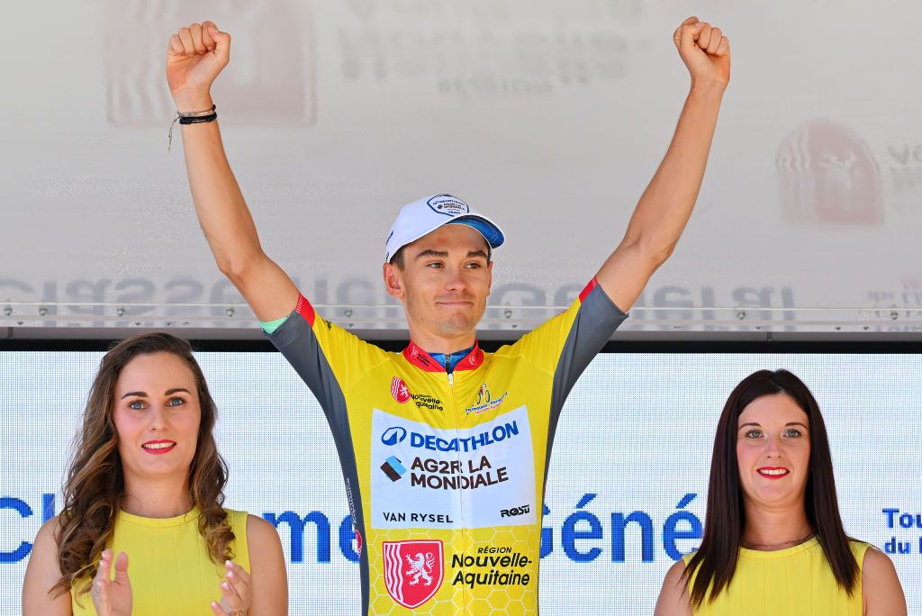 LIMOGES FRANCE AUGUST 16 Alex Baudin of France and Team Decathlon Ag2R La Mondiale celebrates at podium as Yellow Leader Jersey winner during the 57th Tour du Limousin Nouvelle Aquitaine 2024 Stage 4 a 1611km stage from OradoursurGlane to Limoges on August 16 2024 in Limoges France Photo by Billy CeustersGetty Images