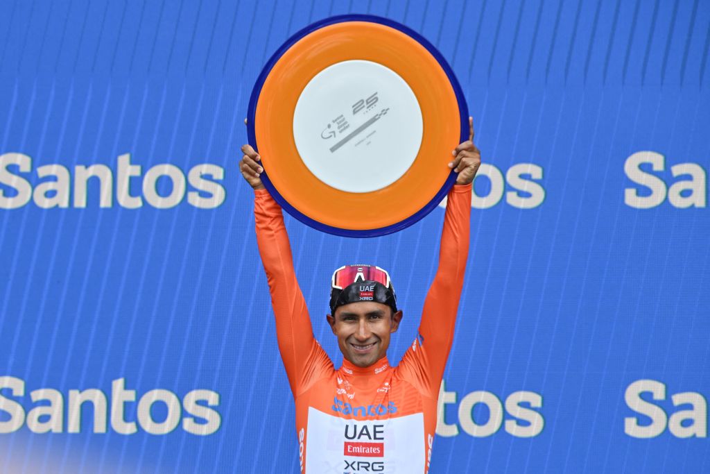 UAE Team Emirates rider Jhonatan Narvaez from Ecuador holds the winner&#039;s trophy after the final stage of the Tour Down Under cycling race in Adelaide on January 26, 2025. (Photo by Brenton Edwards / AFP) / -- IMAGE RESTRICTED TO EDITORIAL USE - STRICTLY NO COMMERCIAL USE -- (Photo by BRENTON EDWARDS/AFP via Getty Images)