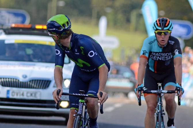 Alex Dowsett (Movistar) faced a tense minute to see if he'd taken the race lead