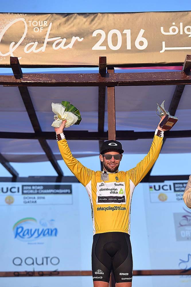 Mark Cavendish (Dimension Data) in the Tour of Dubai overall winner's gold jersey