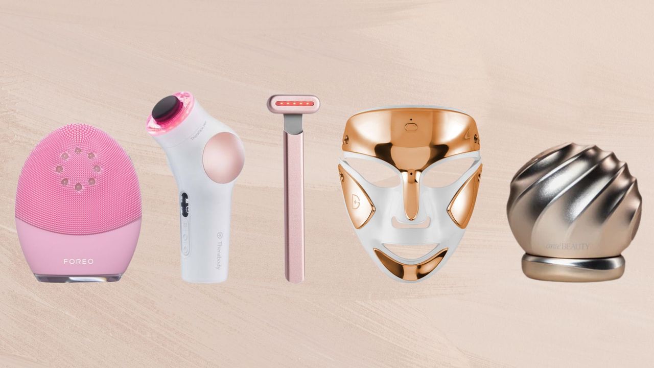 Foreo Luna 4 Plus, Therabody Theraface Pro, Solawave 4-In-1 Skincare Wand, Dr Dennis Gross Drx Spectralite Led Faceware Pro, and AnteBeauty Kanyen RF skincare devices on a brushed light blush pink background