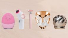 Foreo Luna 4 Plus, Therabody Theraface Pro, Solawave 4-In-1 Skincare Wand, Dr Dennis Gross Drx Spectralite Led Faceware Pro, and AnteBeauty Kanyen RF skincare devices on a brushed light blush pink background