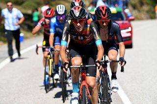 MOS SPAIN SEPTEMBER 04 LR Gino Mder of Switzerland and Team Bahrain Victorious Adam Yates of United Kingdom and Team INEOS Grenadiers compete in the chase group during the 76th Tour of Spain 2021 Stage 20 a 2022km km stage from Sanxenxo to Mos Alto Castro de Herville 502m lavuelta LaVuelta21 on September 04 2021 in Mos Spain Photo by Tim de WaeleGetty Images