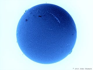 John Chumack took this photo processed in blue of a solar filament. The photo was taken from his backyard in Dayton, Ohio on Aug. 11, 2013.
