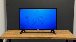 RCA Roku TV 24-inch (RK24HF1) small TV straight angle on wooden TV rack showing sharks on screen