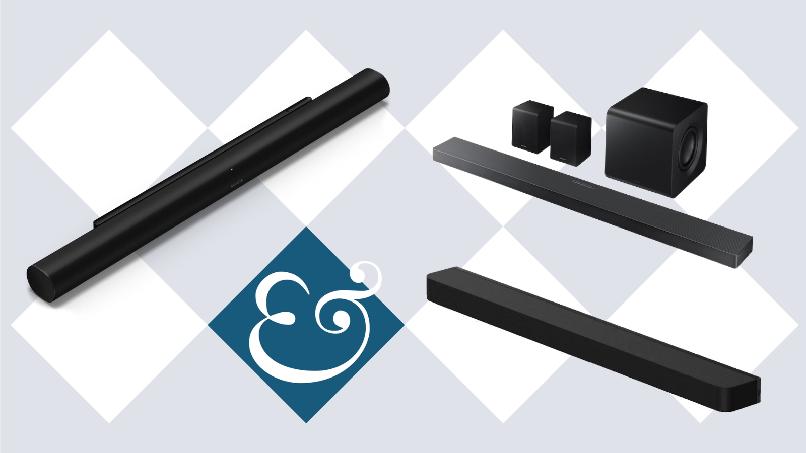 Tile graphic with Homes &amp; Gardens&#039; &#039;&amp;&#039; logo, with three soundbars from Sonos, Samsung, and Sony arranged on top.