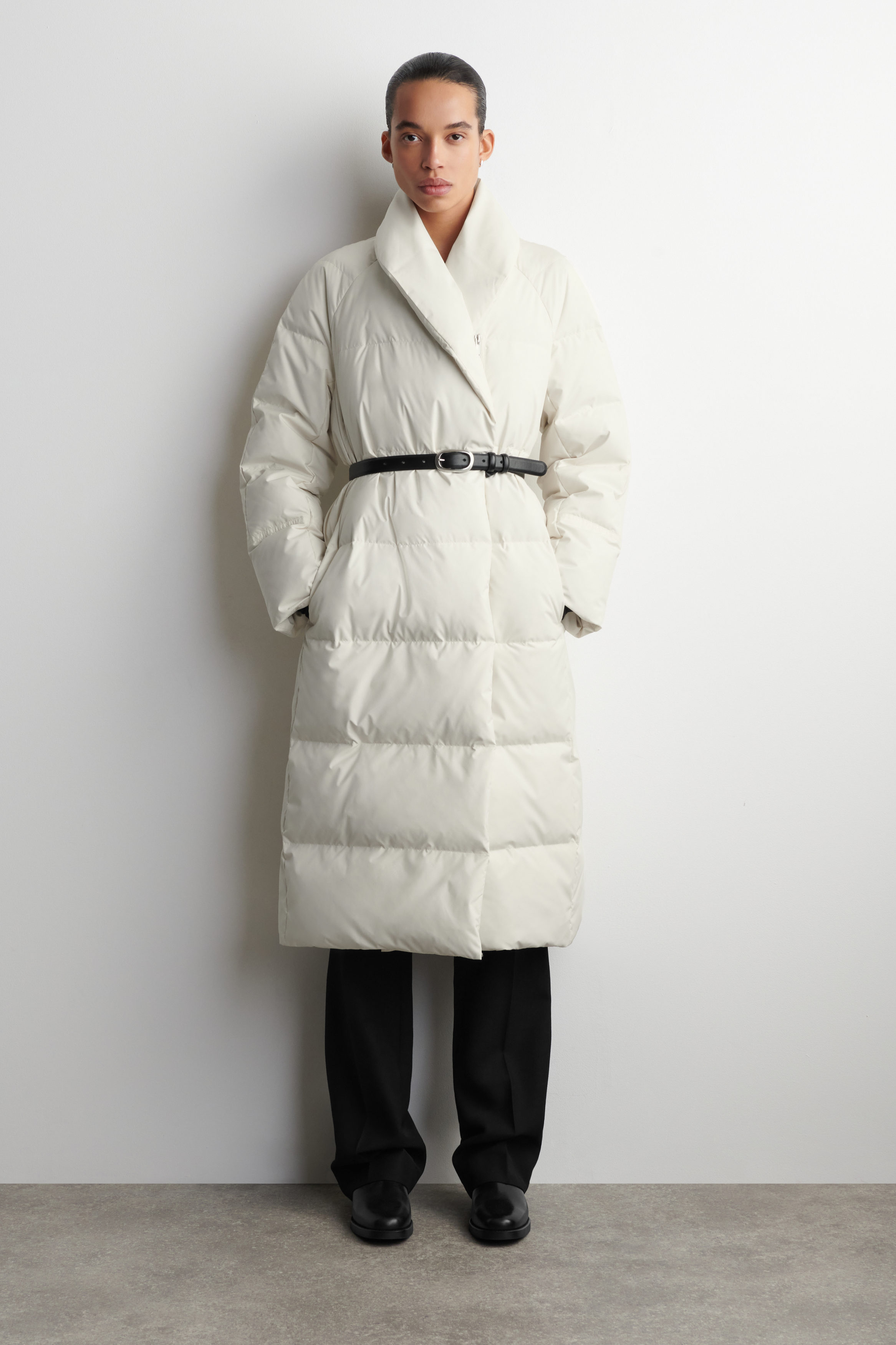 Shawl-Collar Quilted Down Long Coat