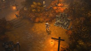 A Diablo 3 player walks to an altar in a forest