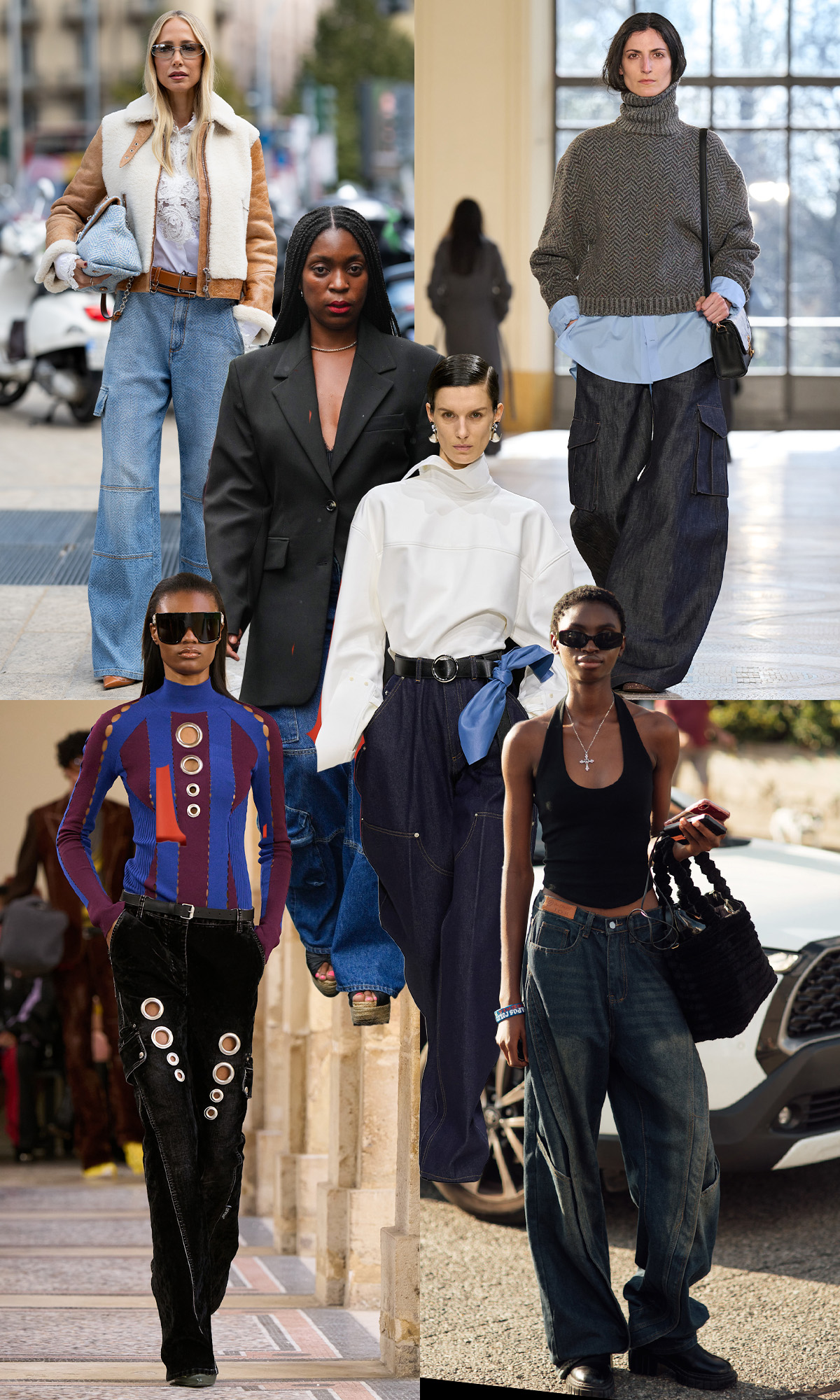 A selection of runway models and street stylers wear cargo jeans during the autumn/winter 2026 shows
