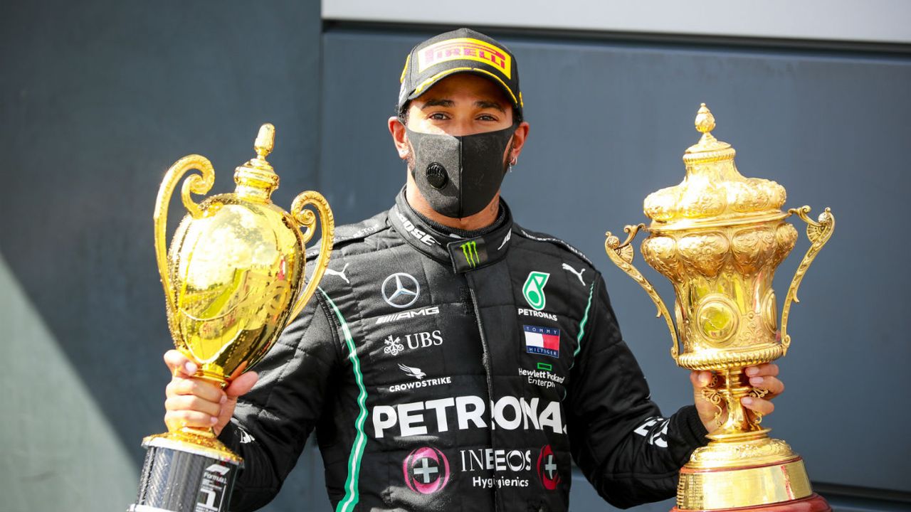 Lewis Hamilton celebrates his win at the 2020 F1 British Grand Prix at Silverstone 