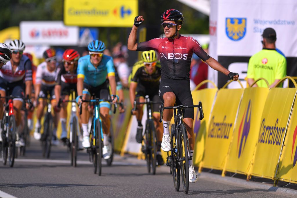 BIELSKOBIALA POLAND AUGUST 07 Arrival Richard Carapaz of Ecuador and Team Ineos Celebration during the 77th Tour of Poland 2020 Stage 3 a 2031km stage from Wadowice to BielskoBiaa 433m TourdePologne tdp20 on August 07 2020 in BielskoBiala Poland Photo by Luc ClaessenGetty Images