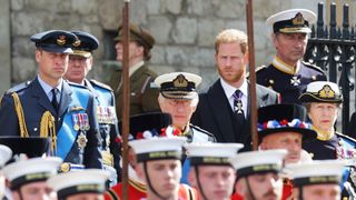 Prince William, Prince of Wales, Prince Richard, Duke of Gloucester, King Charles III, Prince Harry, Duke of Sussex, Vice Admiral Sir Timothy Laurence and Anne, Princess Royal walk behind The Queen's funeral cortege