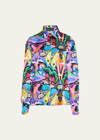 Abstract-Print Button Up Silk Shirt