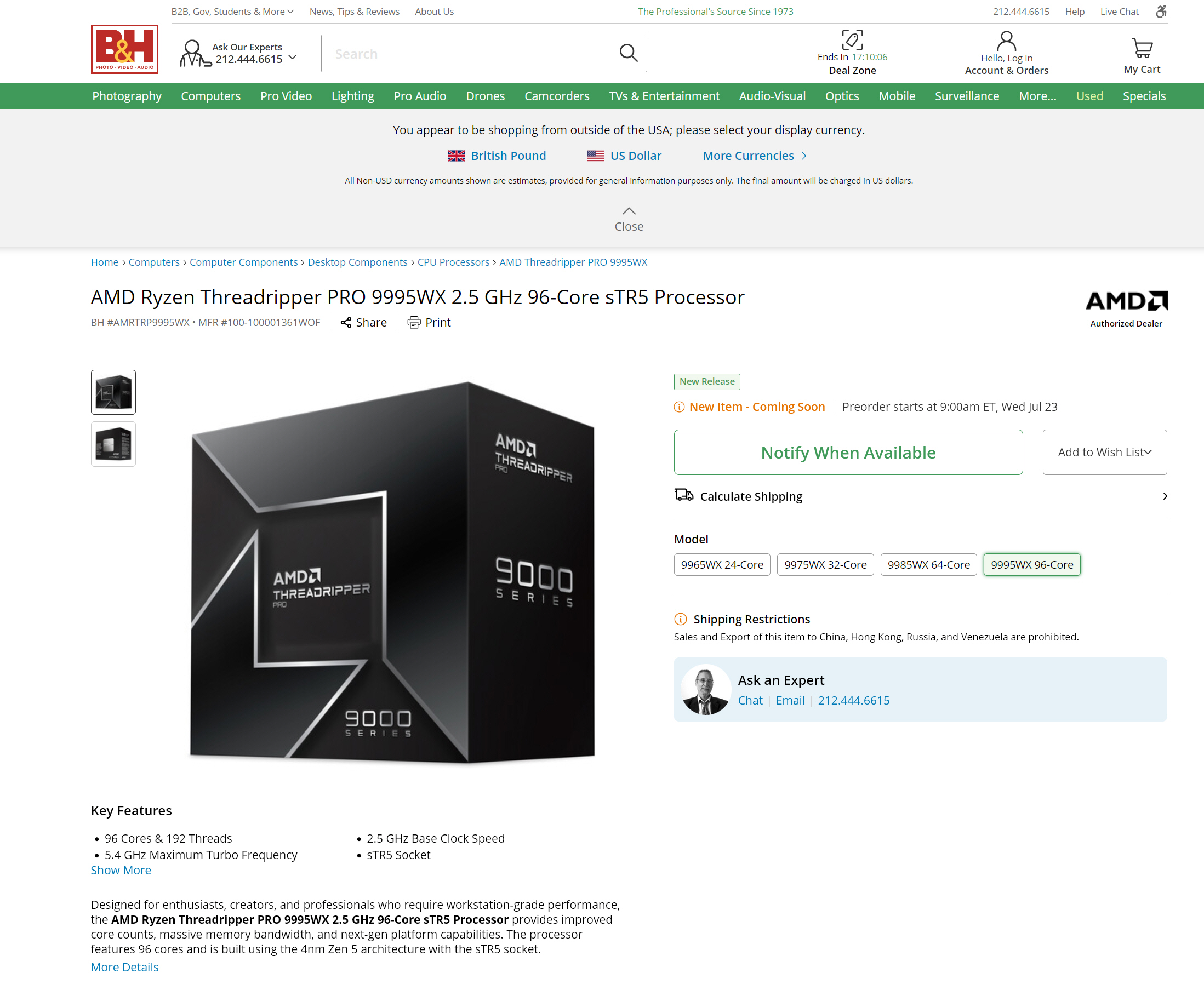 Threadripper PRO 9995WX B&H listing