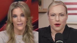 Side by side: Megyn Kelly looking camera for podcast; Meghan McCain speaking into microphone for podcast