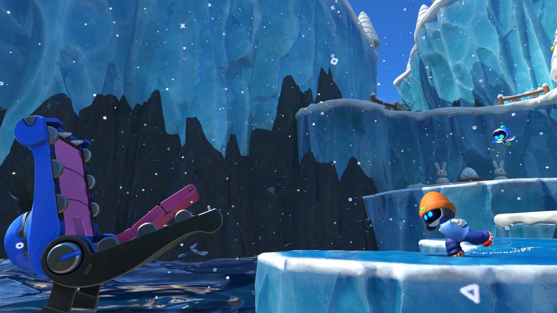 Dressed as Parappa, Astro skates through an ice level in Astro Bot